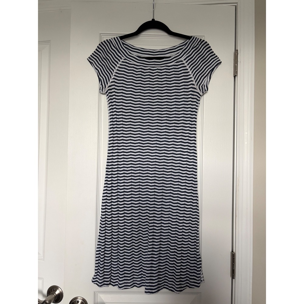 Three Dots Bloomingdale's Navy Blue White Striped Ribbed T-Shirt Dress Small